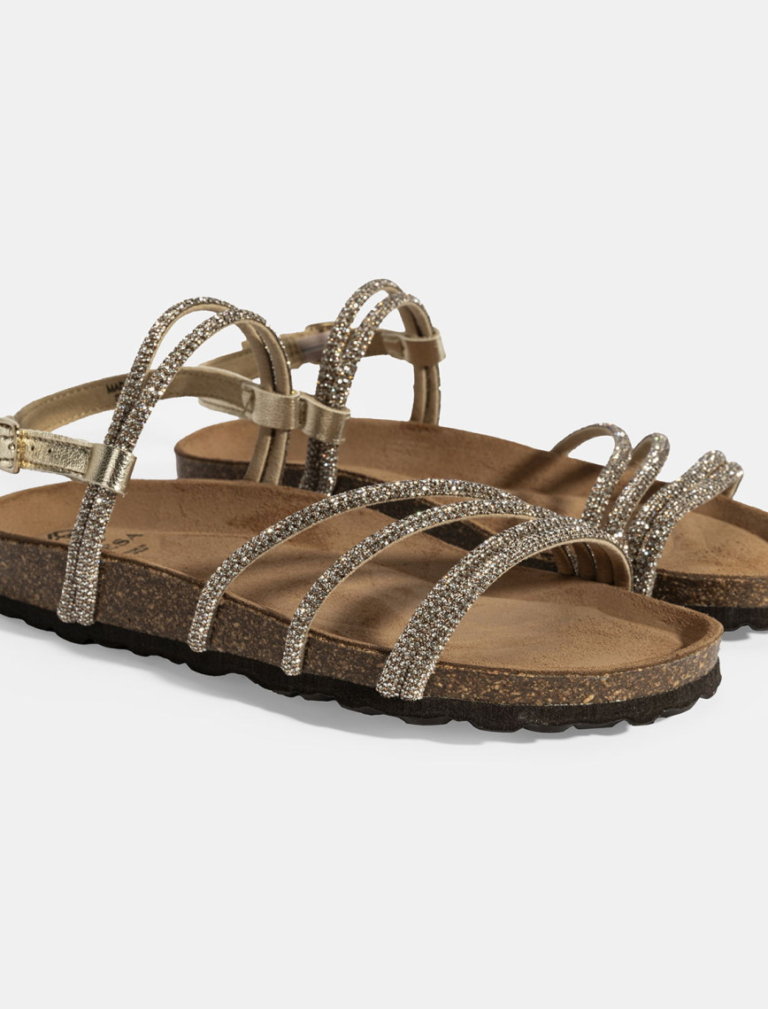 Kadın Altın Ayarlanabilir Tokalı Taş Detaylı Sandalet