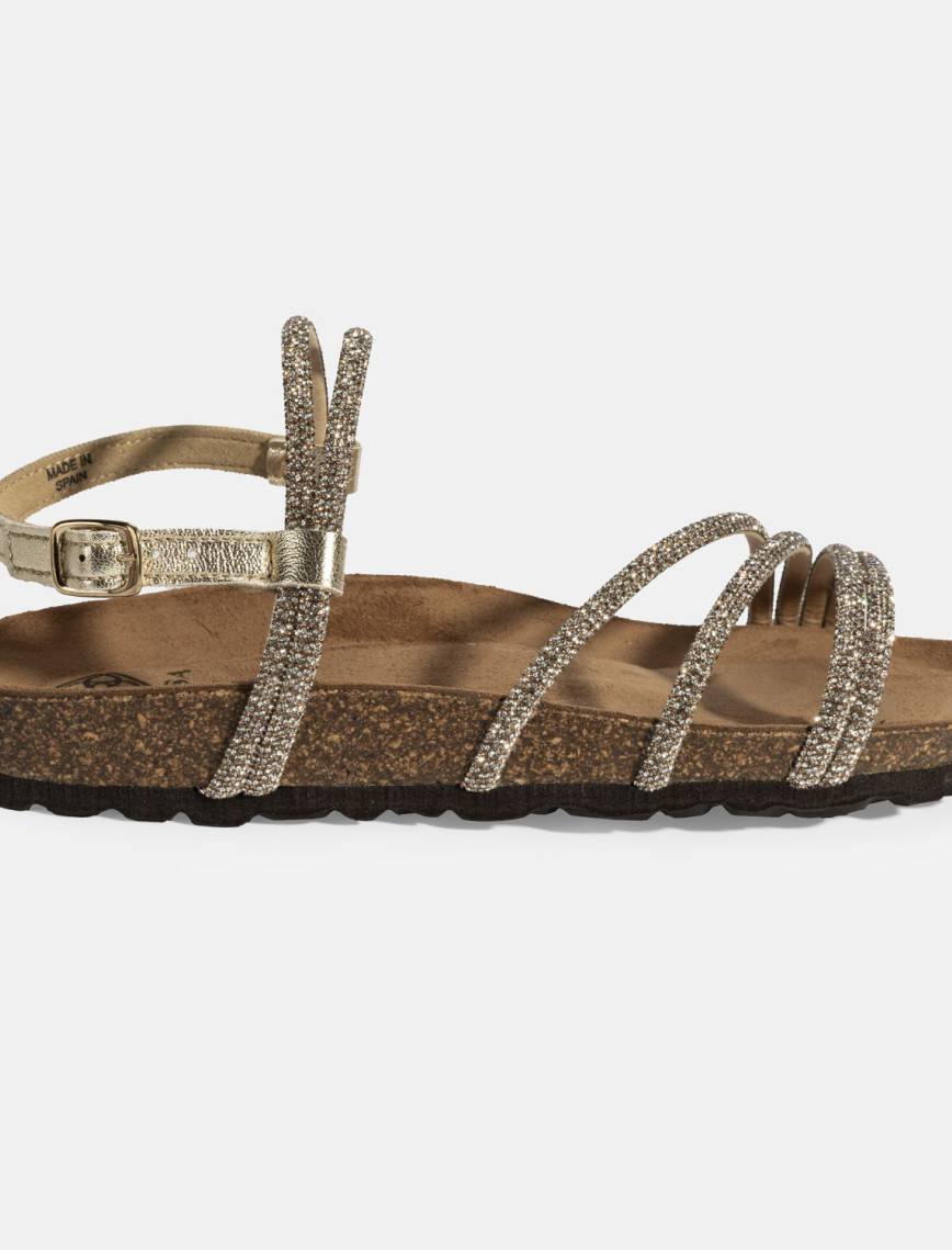 Kadın Altın Ayarlanabilir Tokalı Taş Detaylı Sandalet