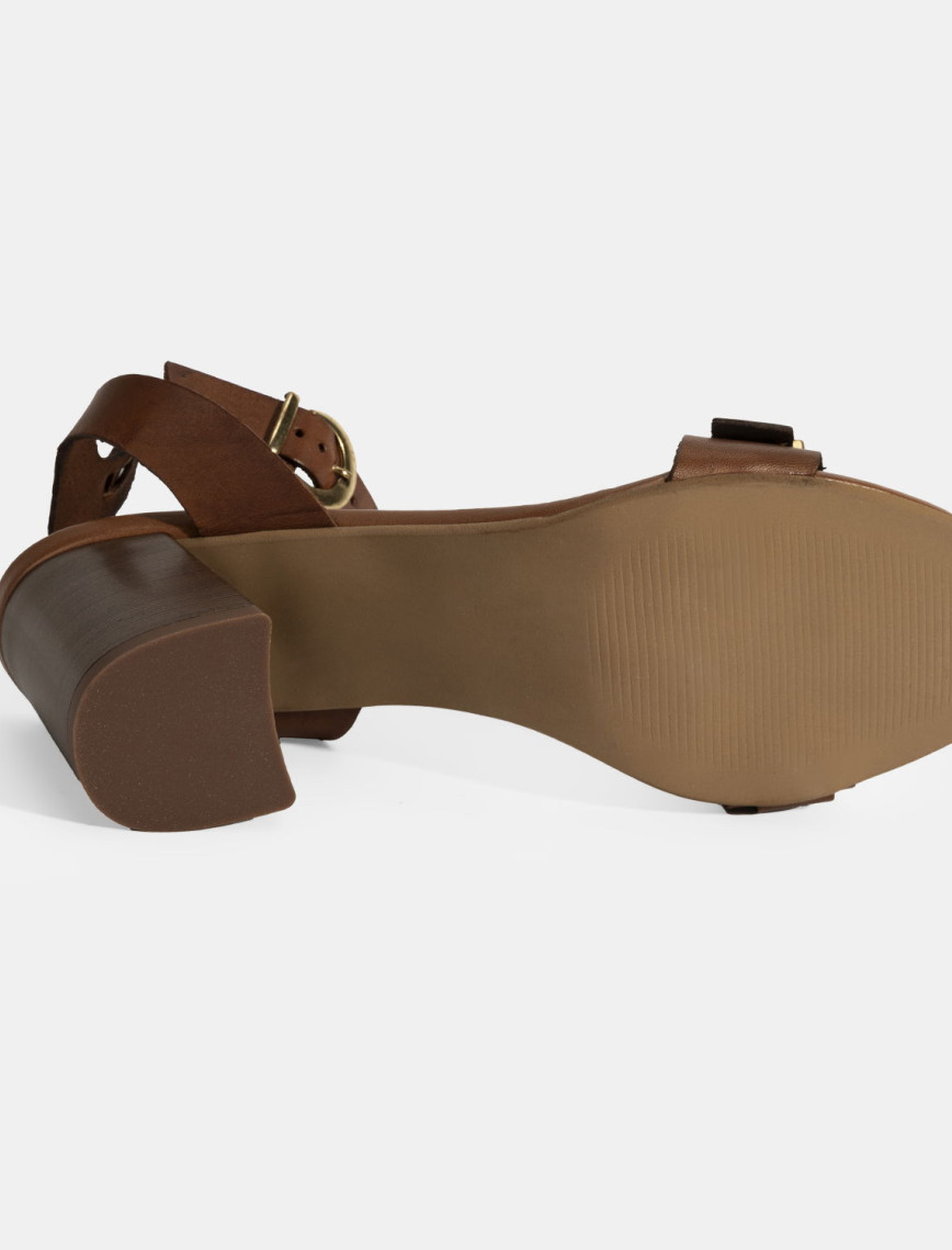 Kadın Taba Ayarlanabilir Tokalı Deri Topuklu Sandalet Kadın Taba Ayarlanabilir Tokalı Deri Topuklu Sandalet