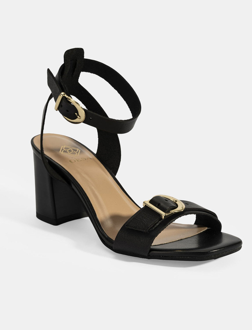 Kadın Siyah Ayarlanabilir Tokalı Deri Topuklu Sandalet Kadın Siyah Ayarlanabilir Tokalı Deri Topuklu Sandalet