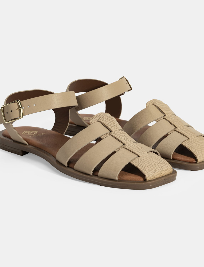 Kadın Bej Ayarlanabilir Tokalı Deri Sandalet Kadın Bej Ayarlanabilir Tokalı Deri Sandalet