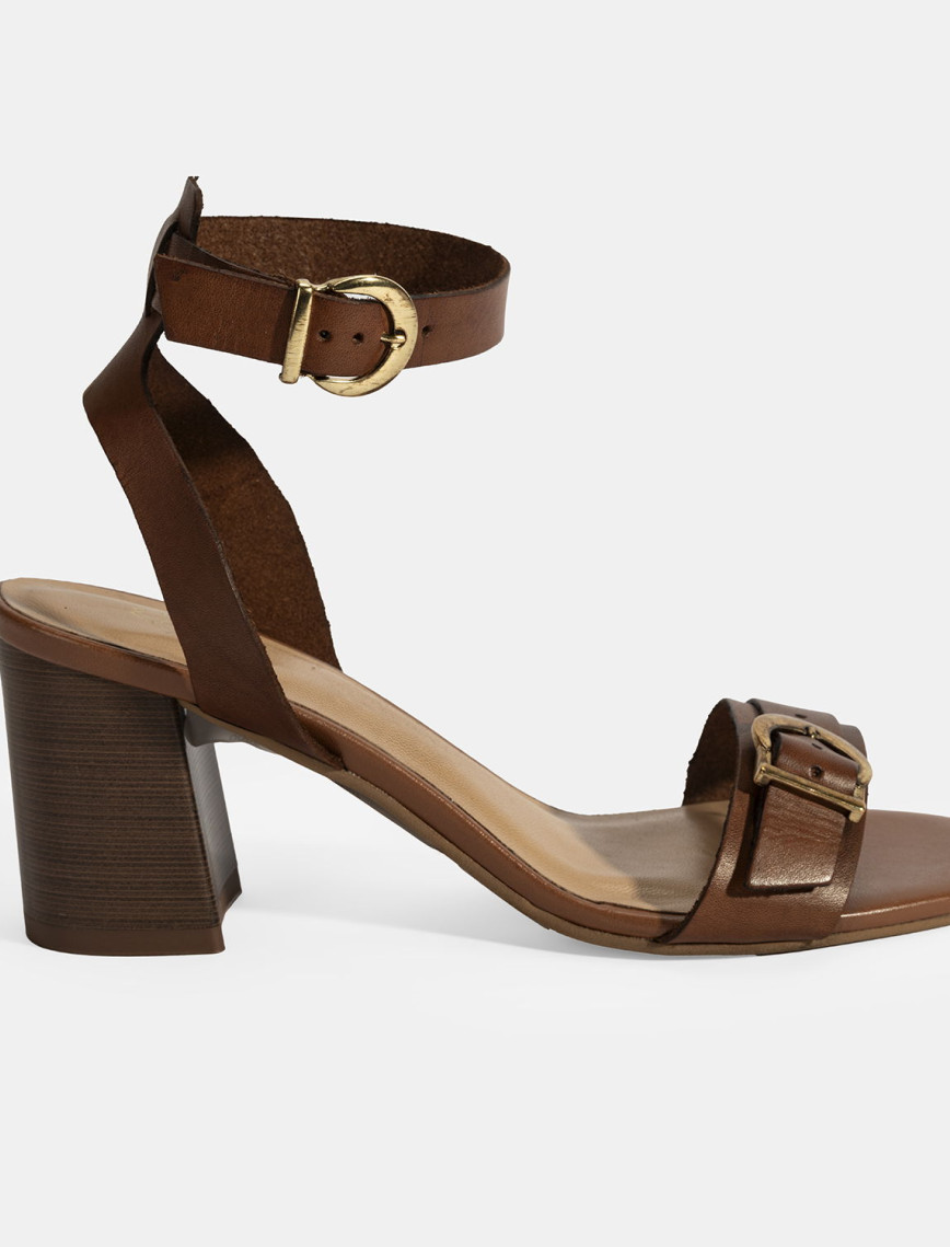 Kadın Taba Ayarlanabilir Tokalı Deri Topuklu Sandalet Kadın Taba Ayarlanabilir Tokalı Deri Topuklu Sandalet