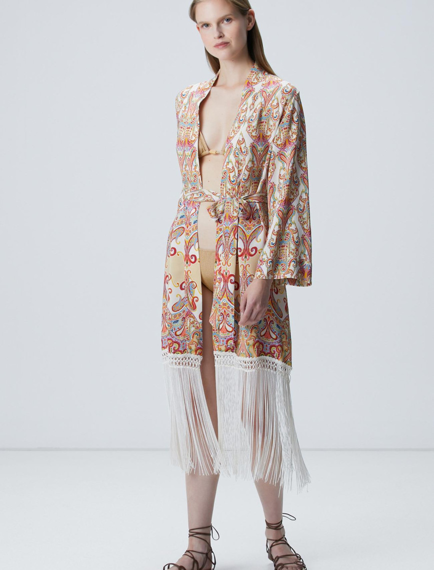 Network Kadın Bej Püsküllü Desenli Kaftan Network Kadın Bej Püsküllü Desenli Kaftan