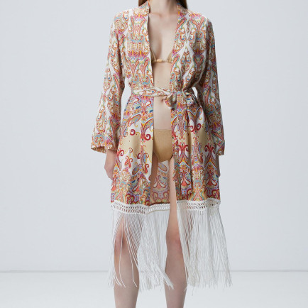 Network Kadın Bej Püsküllü Desenli Kaftan Network Kadın Bej Püsküllü Desenli Kaftan