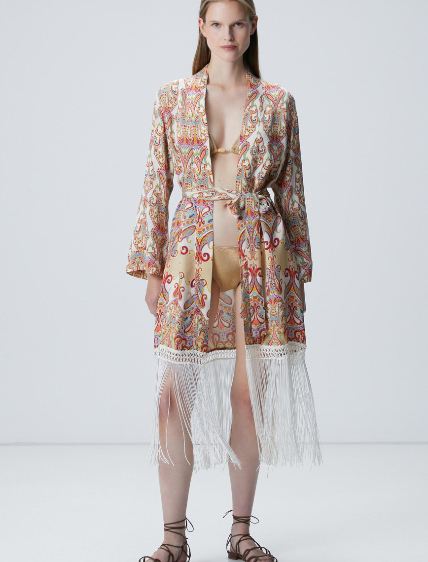 Network Kadın Bej Püsküllü Desenli Kaftan Network Kadın Bej Püsküllü Desenli Kaftan