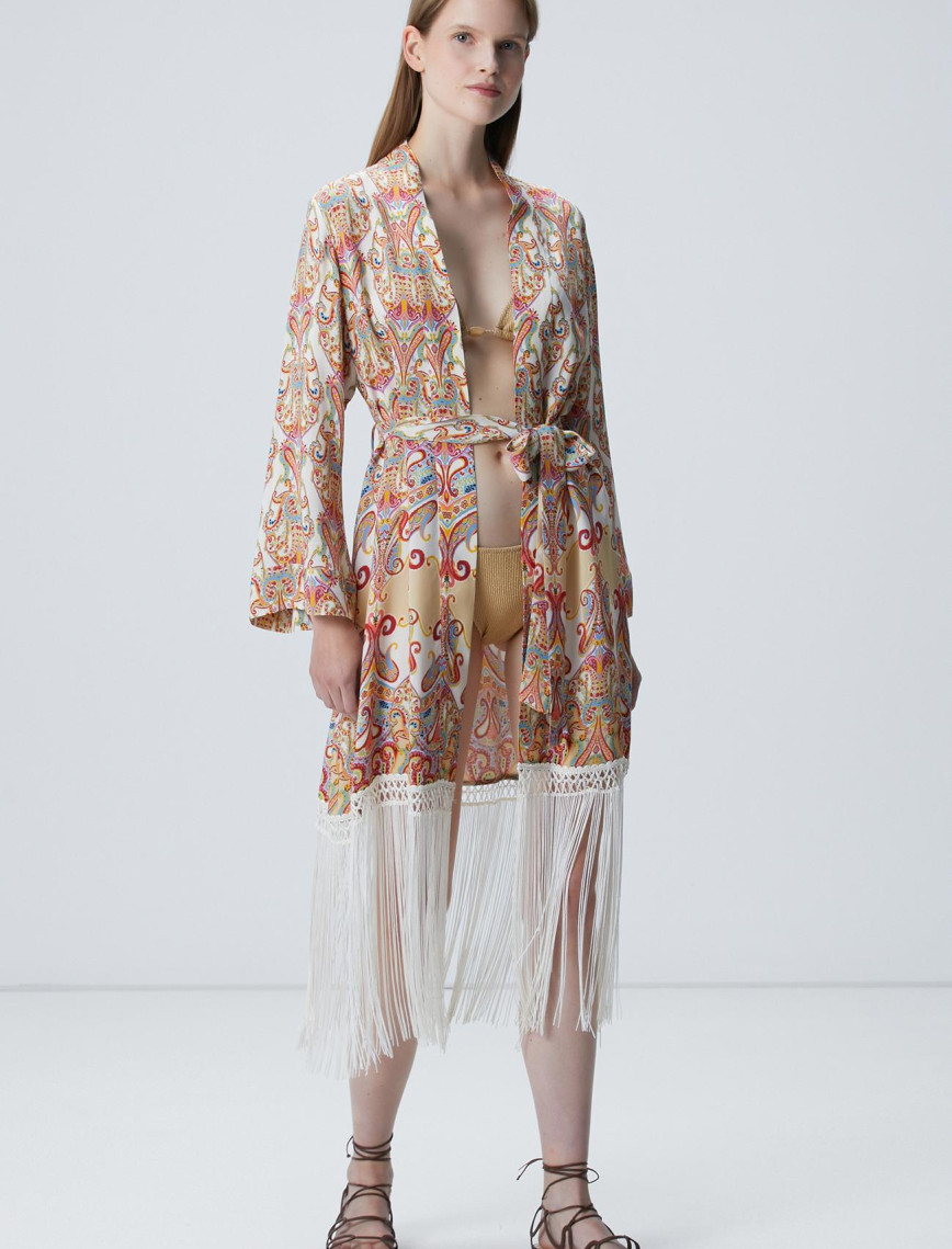 Network Kadın Bej Püsküllü Desenli Kaftan Network Kadın Bej Püsküllü Desenli Kaftan