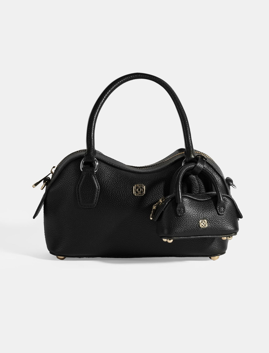 Kadın Siyah Deri Çanta Aksesuarlı Mini El Çantası