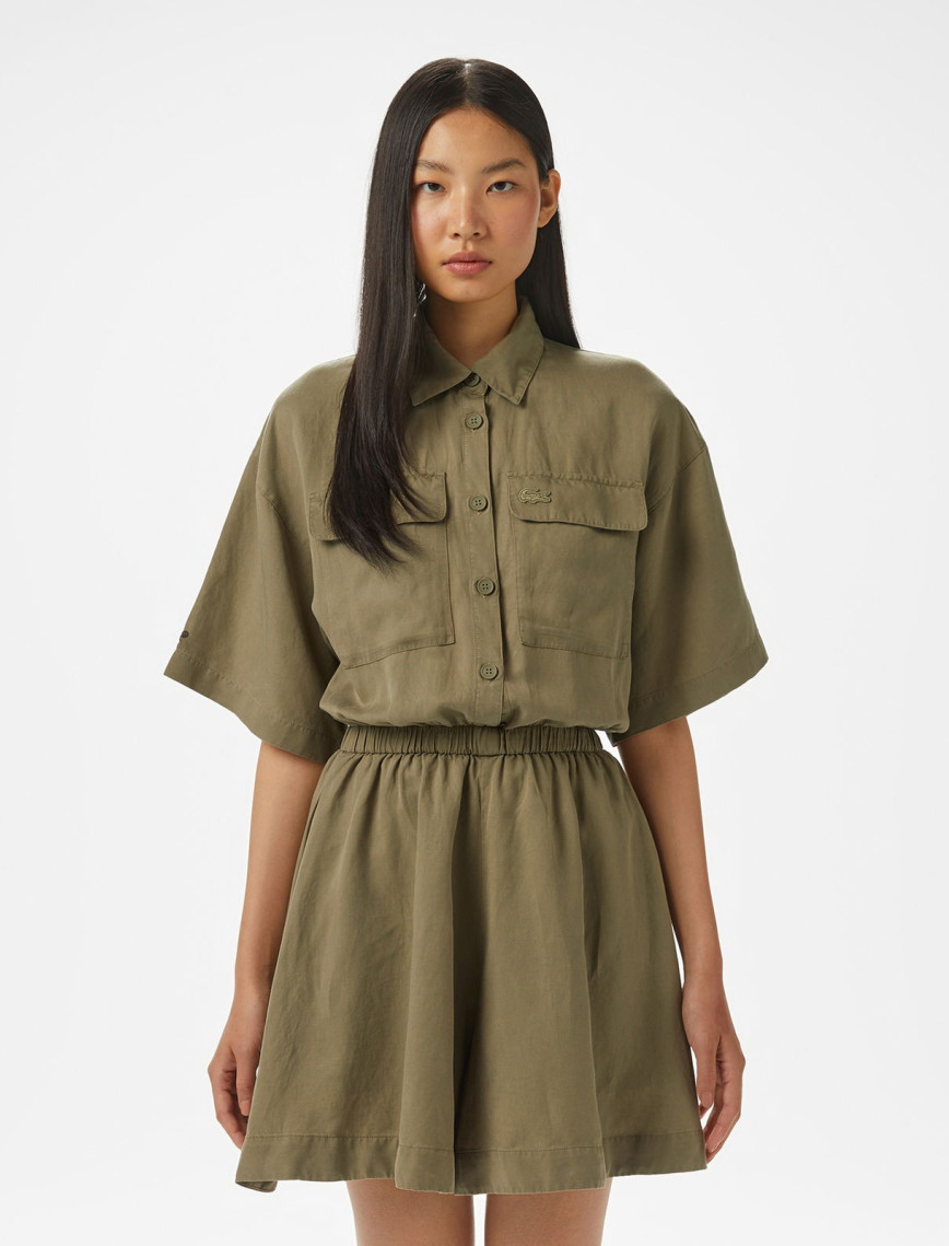 Lacoste Kadın Flare Fit Kısa Kollu Gömlek Yaka Haki Elbise