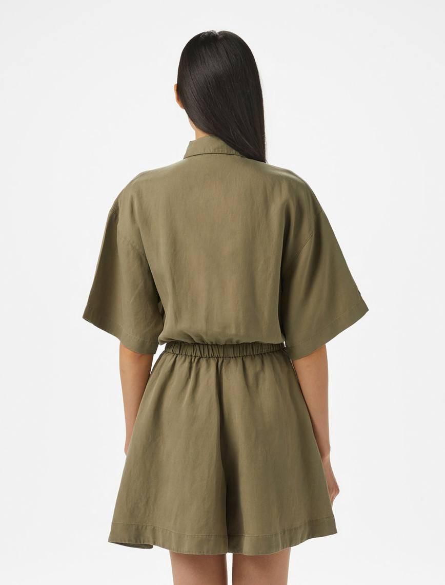 Lacoste Kadın Flare Fit Kısa Kollu Gömlek Yaka Haki Elbise