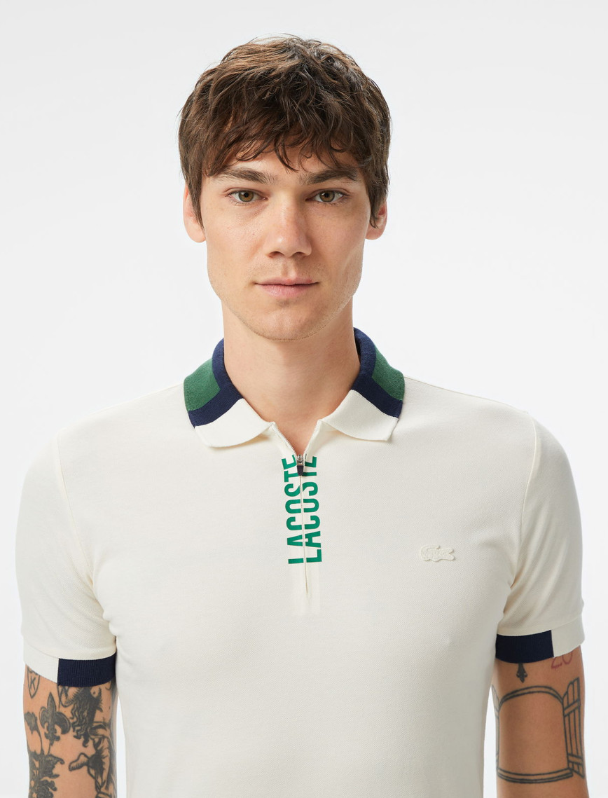 Lacoste Erkek Regular Fit Yarım Fermuarlı Baskılı Beyaz Polo Lacoste Erkek Regular Fit Yarım Fermuarlı Baskılı Beyaz Polo
