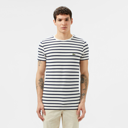 Lacoste Erkek Slim Fit Bisiklet Yaka Çizgili Beyaz T-Shirt Lacoste Erkek Slim Fit Bisiklet Yaka Çizgili Beyaz T-Shirt