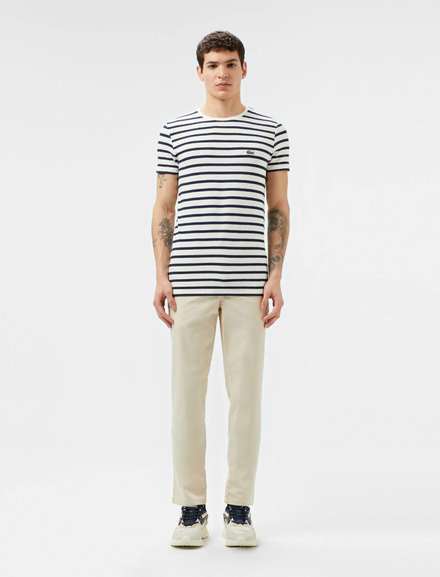Lacoste Erkek Slim Fit Bisiklet Yaka Çizgili Beyaz T-Shirt Lacoste Erkek Slim Fit Bisiklet Yaka Çizgili Beyaz T-Shirt