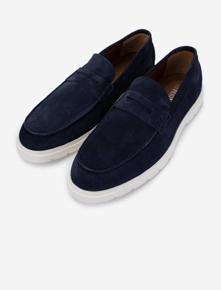 Valmenti Erkek Hakiki Deri Lacivert Süet Loafer Ayakkabı
