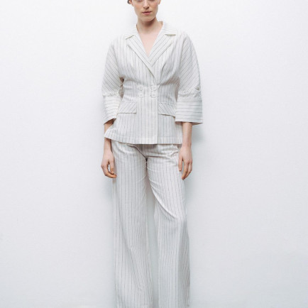 Çizgili Yüksek Bel Keten Pantolon