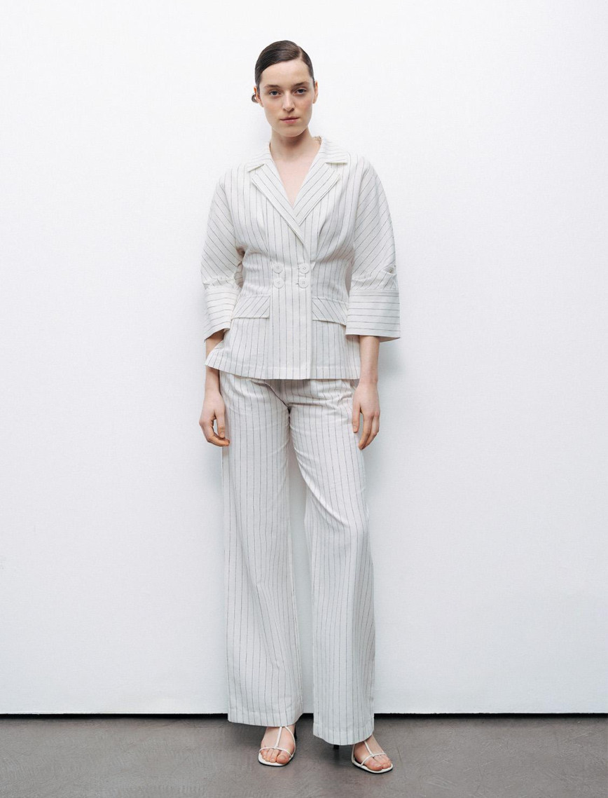 Çizgili Yüksek Bel Keten Pantolon Çizgili Yüksek Bel Keten Pantolon