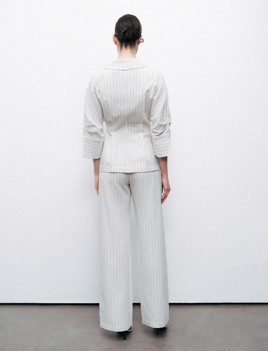 Çizgili Yüksek Bel Keten Pantolon Çizgili Yüksek Bel Keten Pantolon