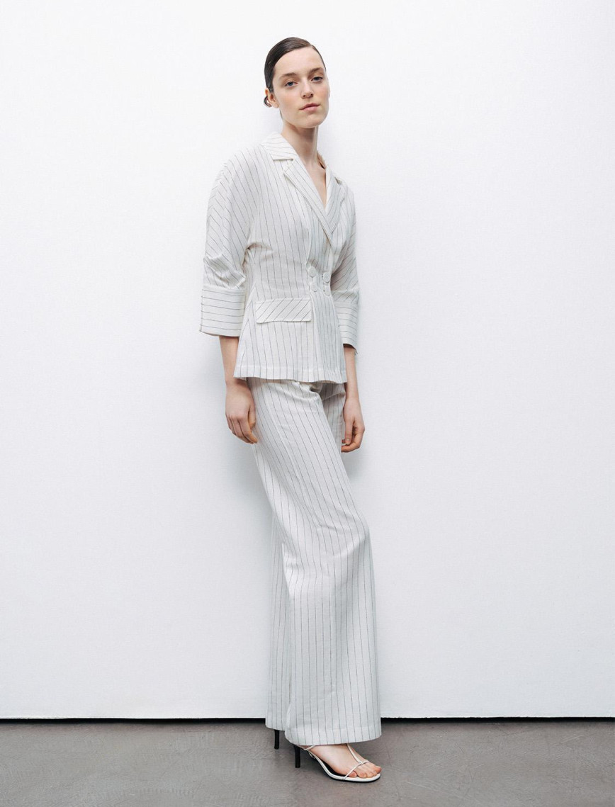 Çizgili Yüksek Bel Keten Pantolon Çizgili Yüksek Bel Keten Pantolon