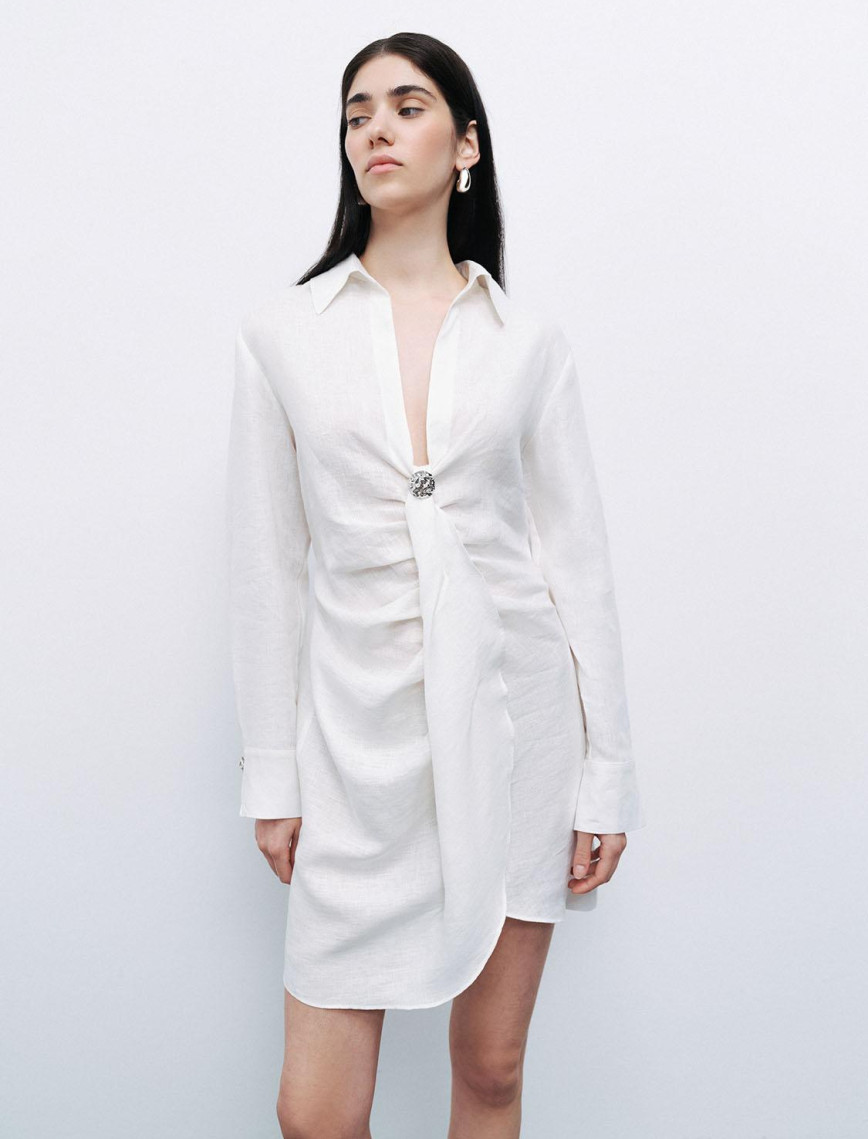 Aksesuar Detaylı Keten Mini Elbise