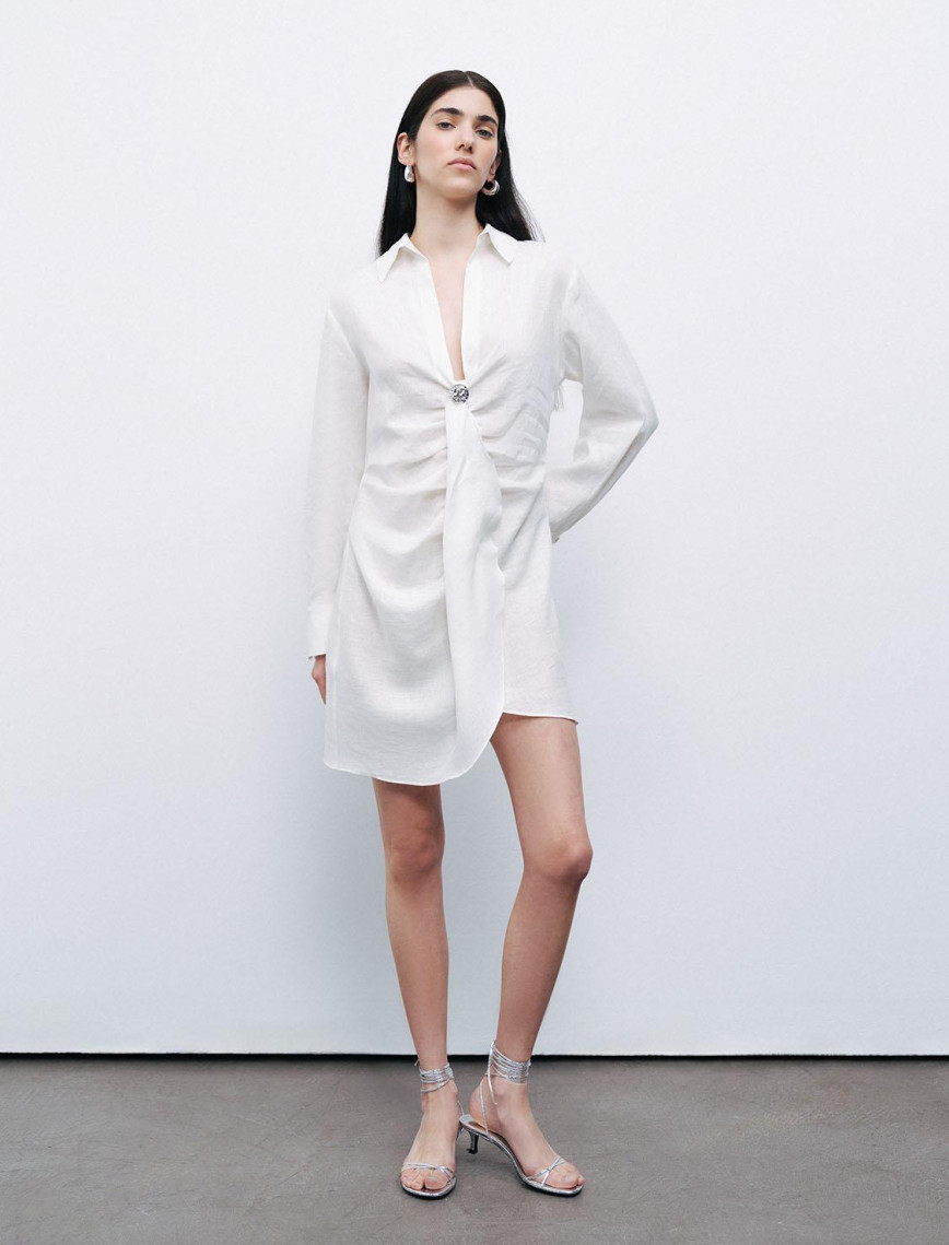 Aksesuar Detaylı Keten Mini Elbise