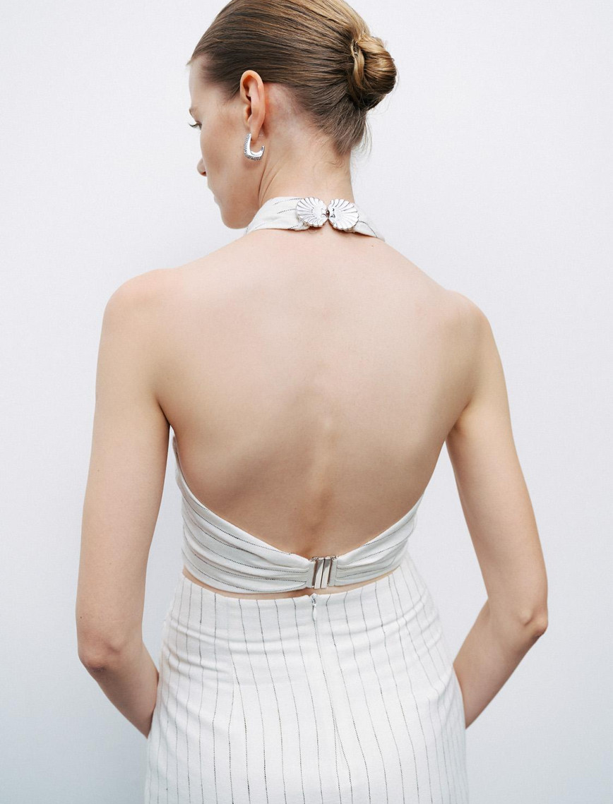 Boyundan Bağlamalı Keten Bluz Boyundan Bağlamalı Keten Bluz