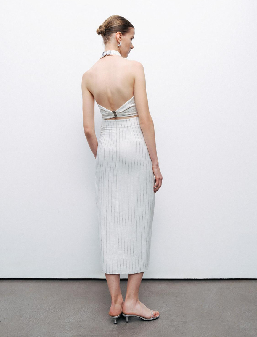 Metal Aksesuarlı Çizgili Keten Midi Etek Metal Aksesuarlı Çizgili Keten Midi Etek