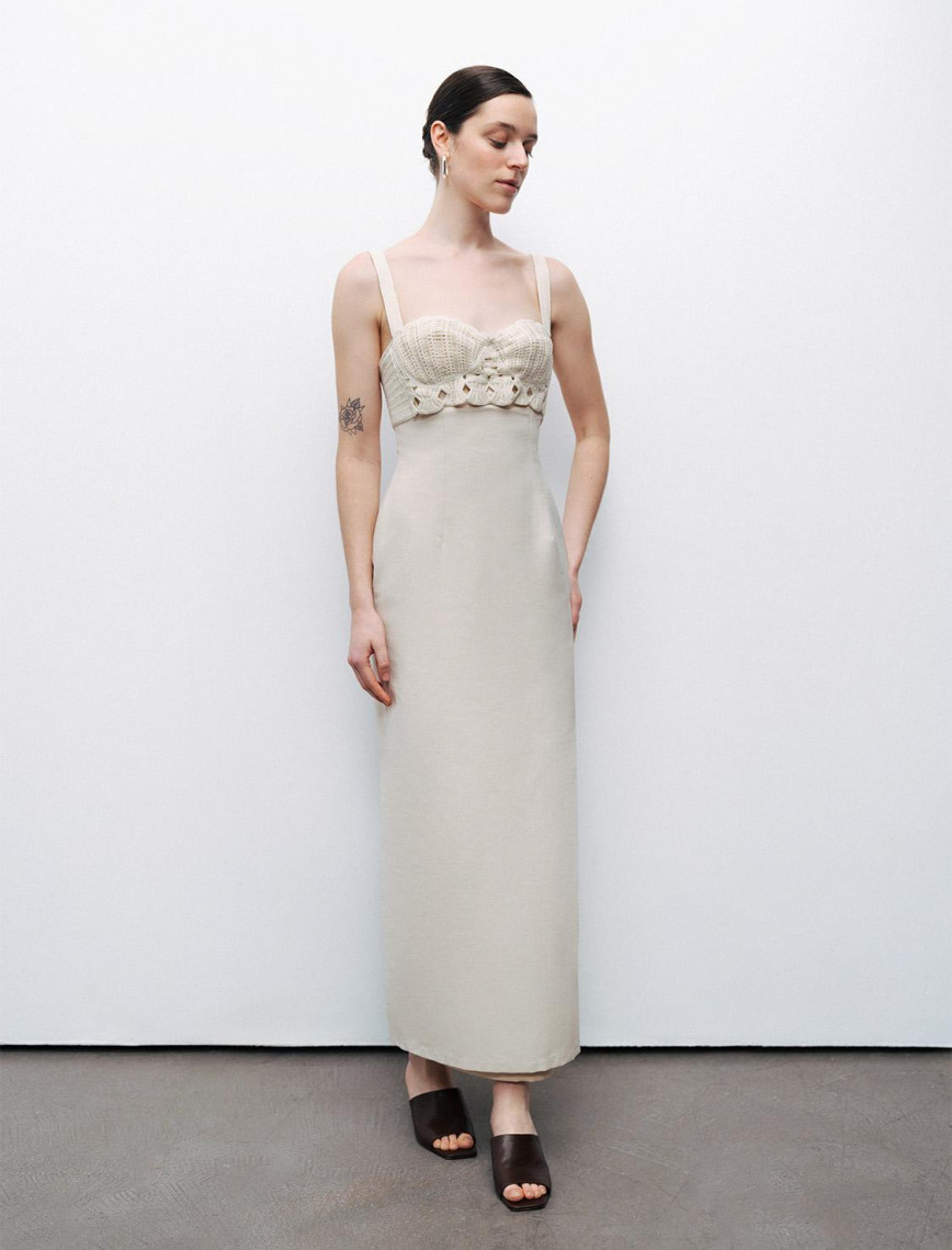 Brode Detaylı Keten Maxi Elbise