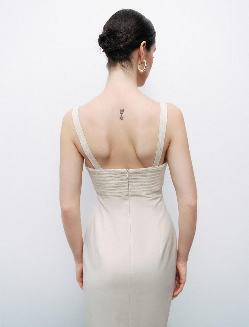 Brode Detaylı Keten Maxi Elbise