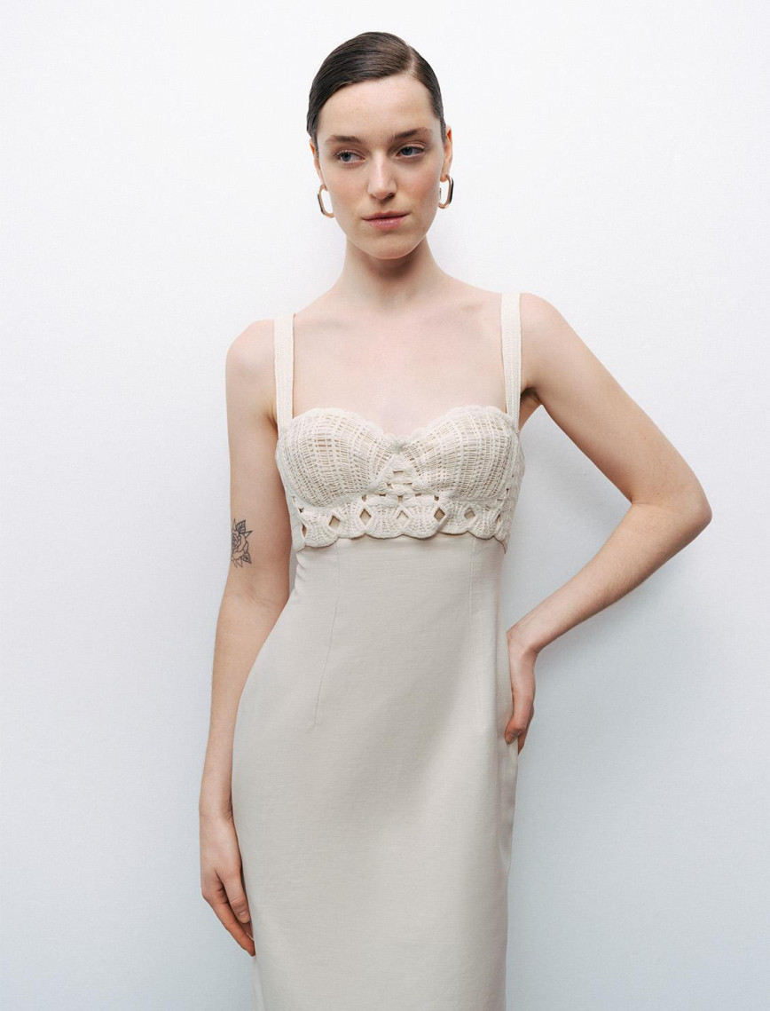 Brode Detaylı Keten Maxi Elbise