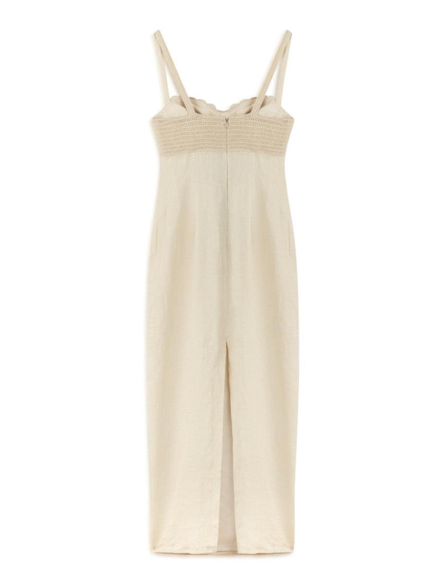 Brode Detaylı Keten Maxi Elbise