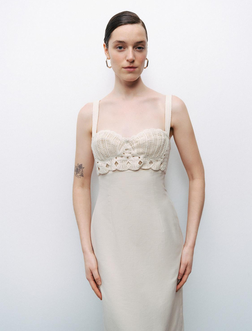 Brode Detaylı Keten Maxi Elbise