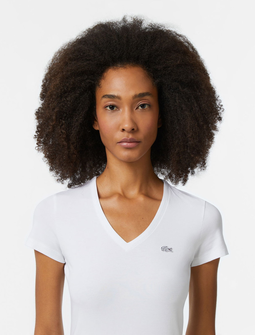Lacoste Kadın Slim Fit V Yaka Beyaz T-Shirt