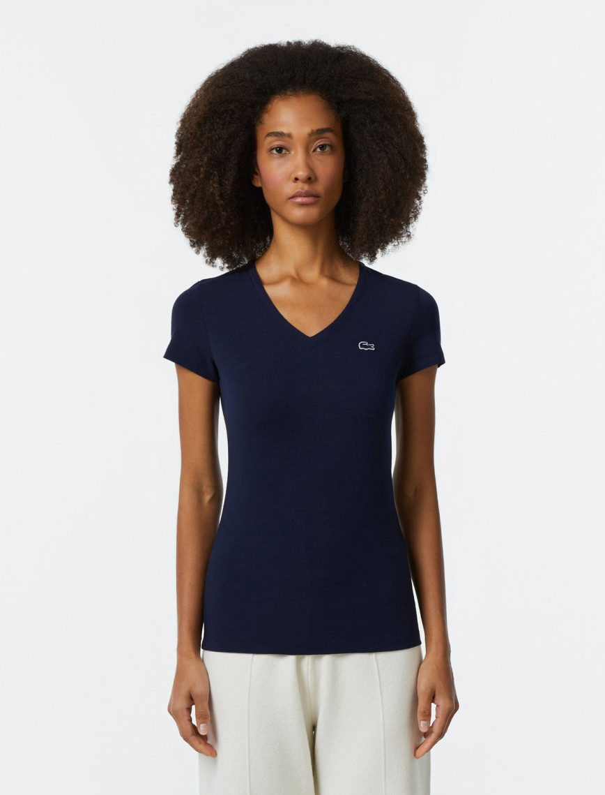Lacoste Kadın Slim Fit V Yaka Beyaz T-Shirt