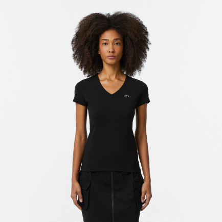 Lacoste Kadın Slim Fit V Yaka Siyah T-Shirt Lacoste Kadın Slim Fit V Yaka Siyah T-Shirt