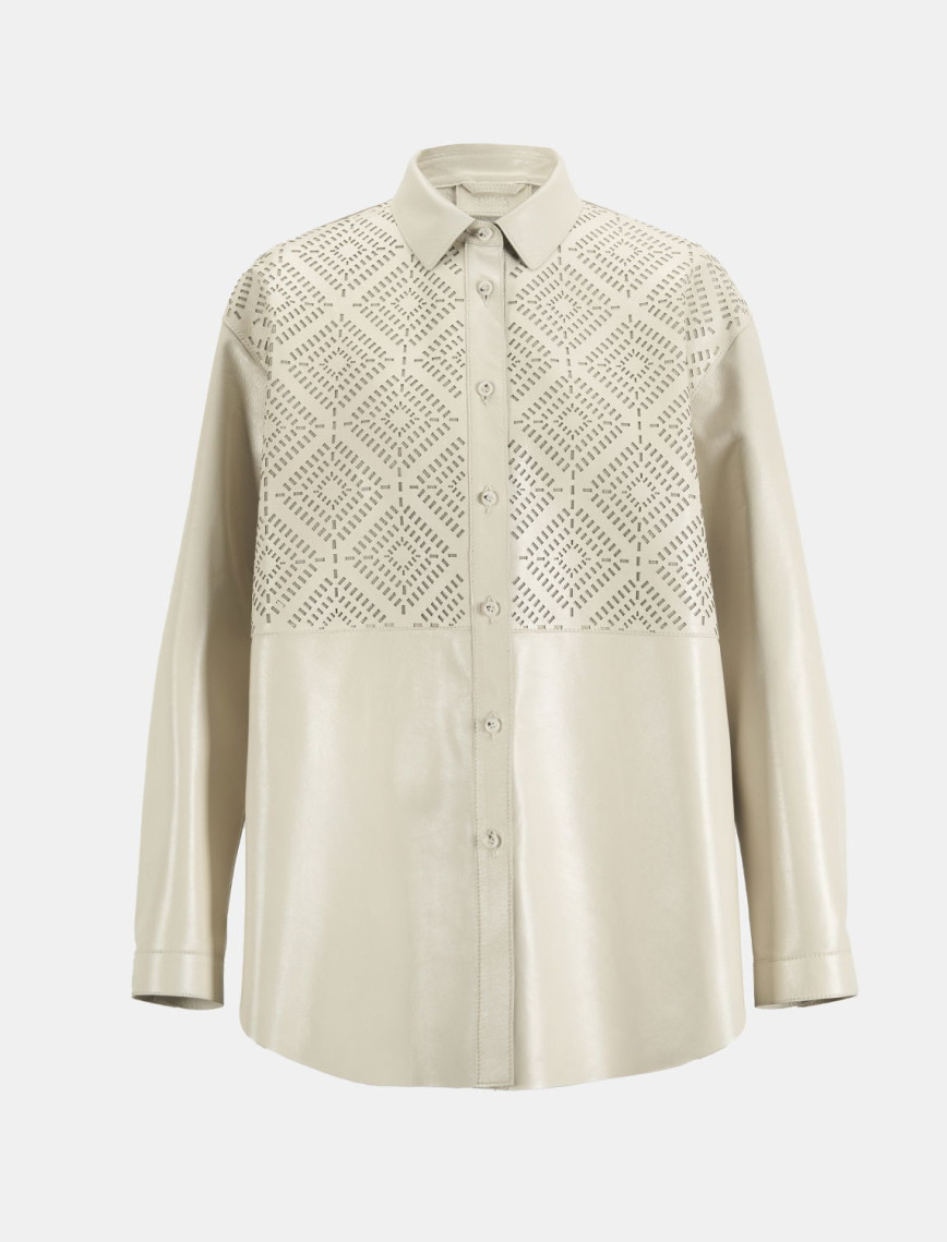 Kadın Beyaz Lazer Kesimli Geometrik Desenli Deri Gömlek Kadın Beyaz Lazer Kesimli Geometrik Desenli Deri Gömlek