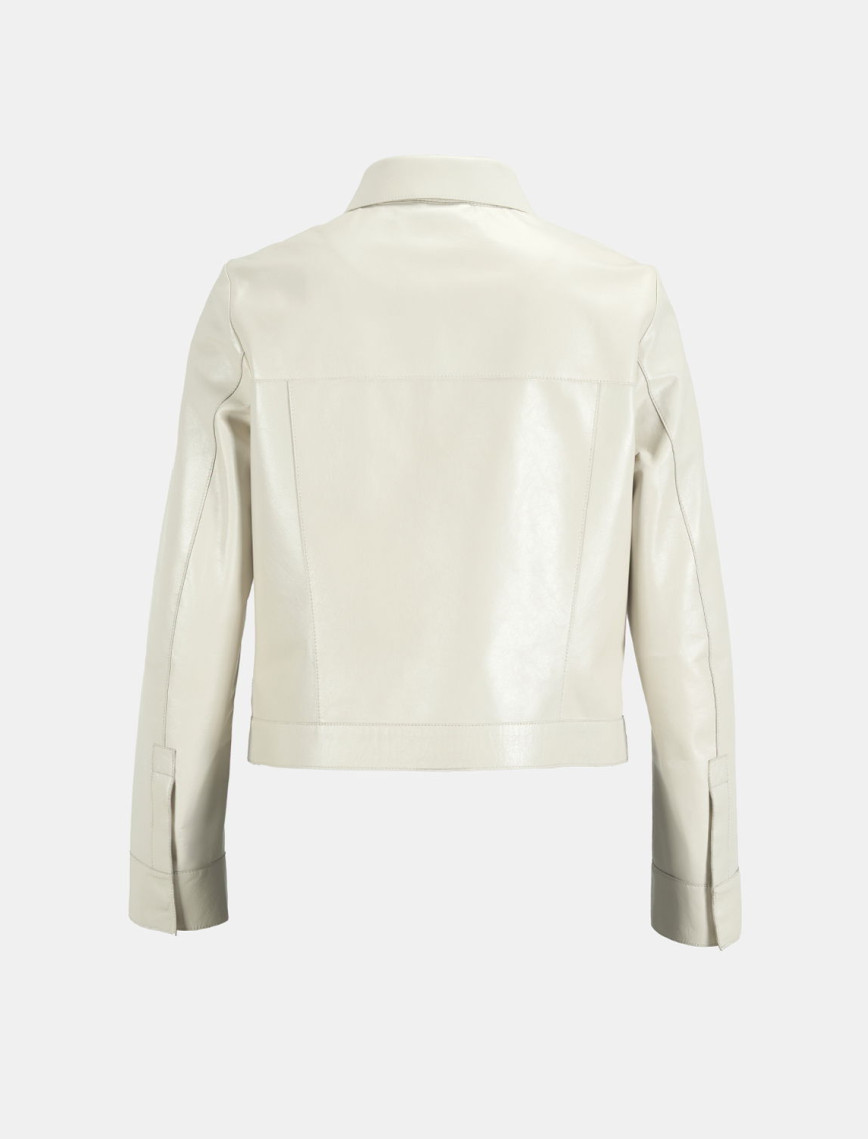 Kadın Beyaz Gömlek Yaka Örmeli Deri Ceket