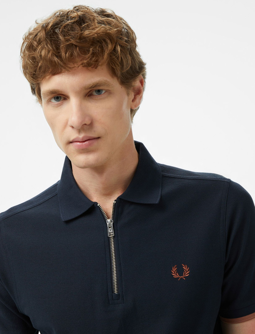 Fred Perry Crepe Pique Zip Neck Erkek Lacivert Polo