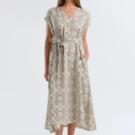 Kadın Beyaz Mix %100 Keten Desenli V Yaka Cepli Uzun Elbise Kadın Beyaz Mix %100 Keten Desenli V Yaka Cepli Uzun Elbise