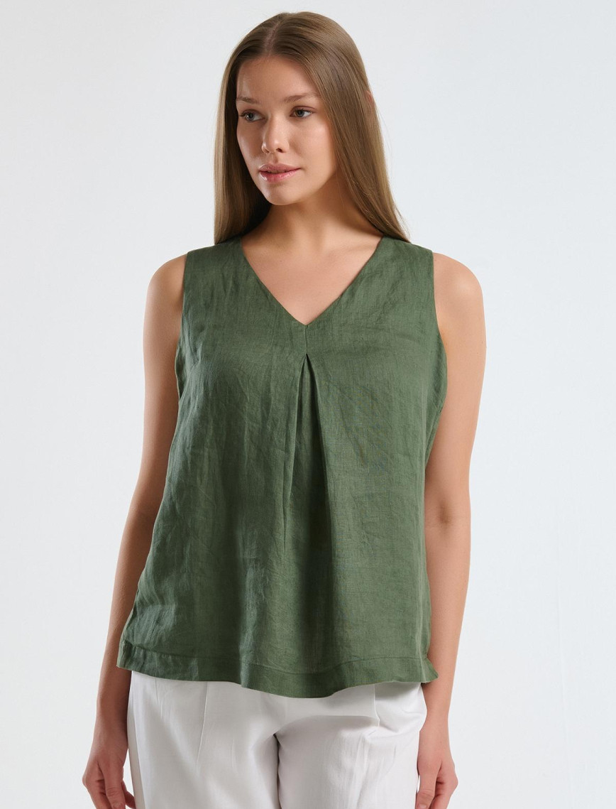 Kadın Taş Rengi %100 Keten V Yaka Kolsuz Geniş Kesim Bluz