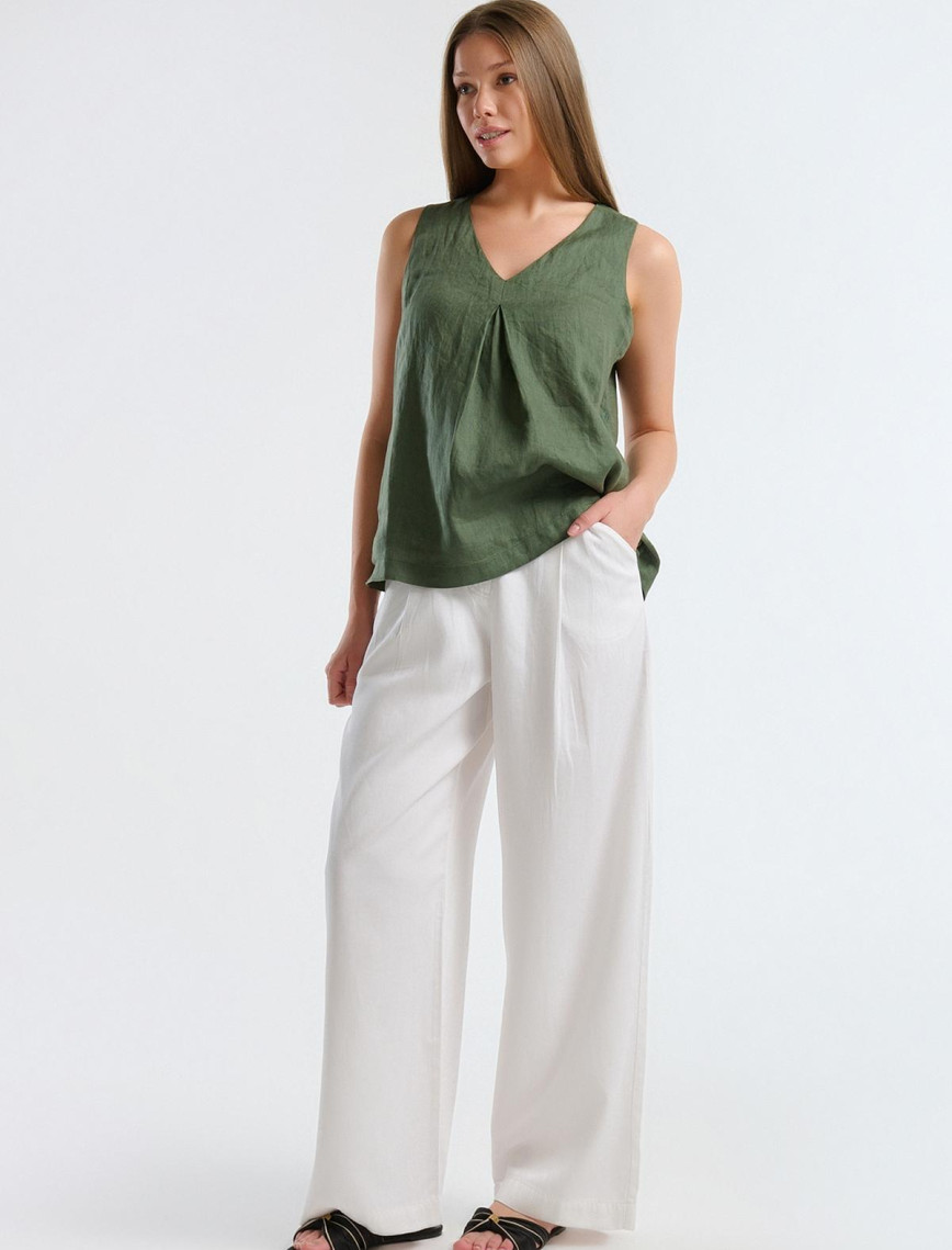 Kadın Beyaz Liyosel Karışımlı Beli Lastikli Geniş Paça Pantolon Kadın Beyaz Liyosel Karışımlı Beli Lastikli Geniş Paça Pantolon