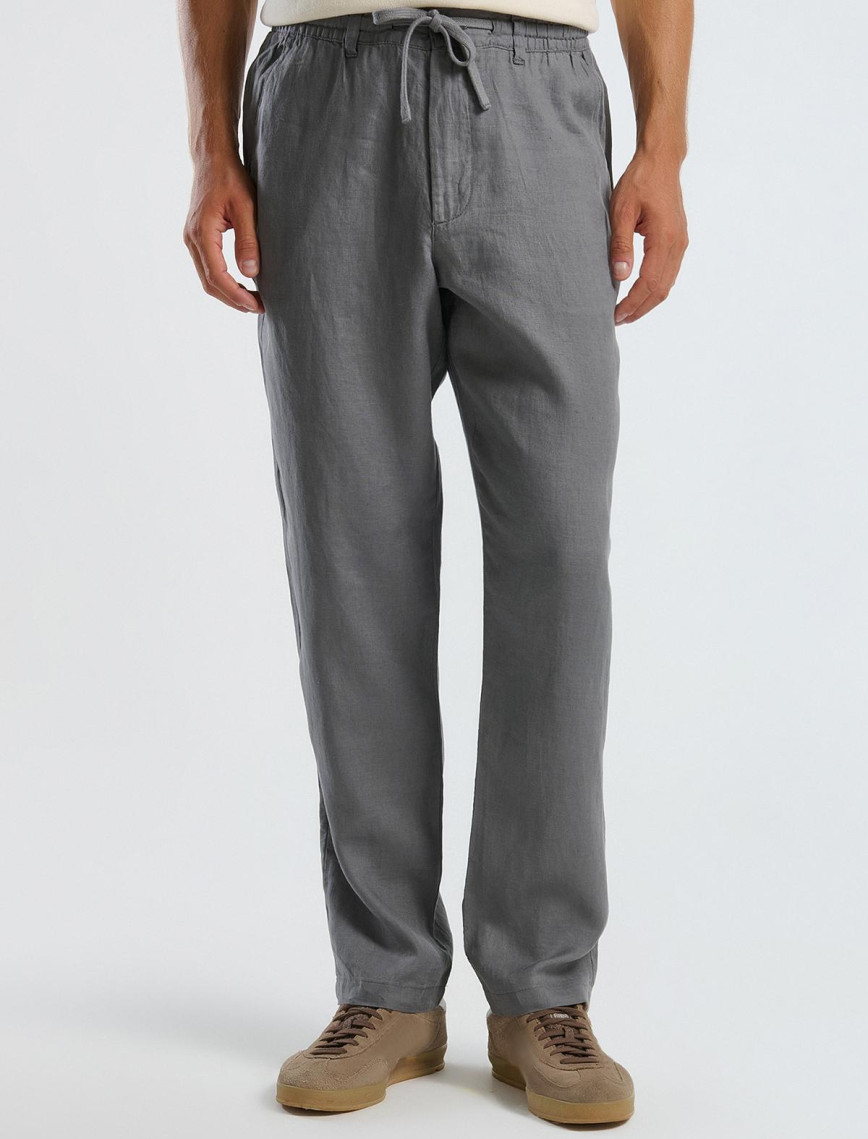 Erkek Gri %100 Keten Beli İpli Pantolon