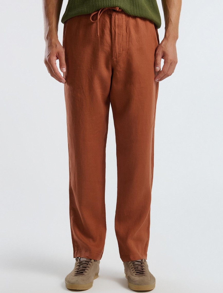 Erkek Koyu Kahverengi %100 Keten Beli İpli Pantolon