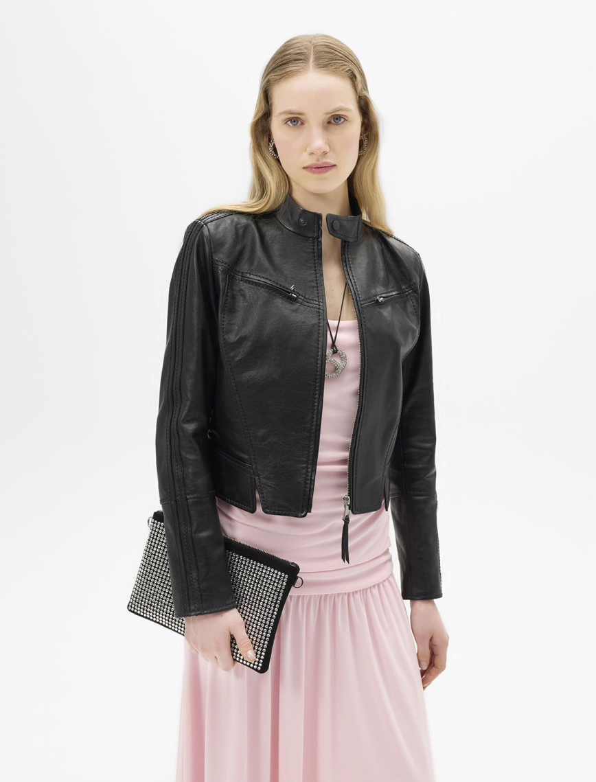 Kadın Siyah Deri Biker Ceket