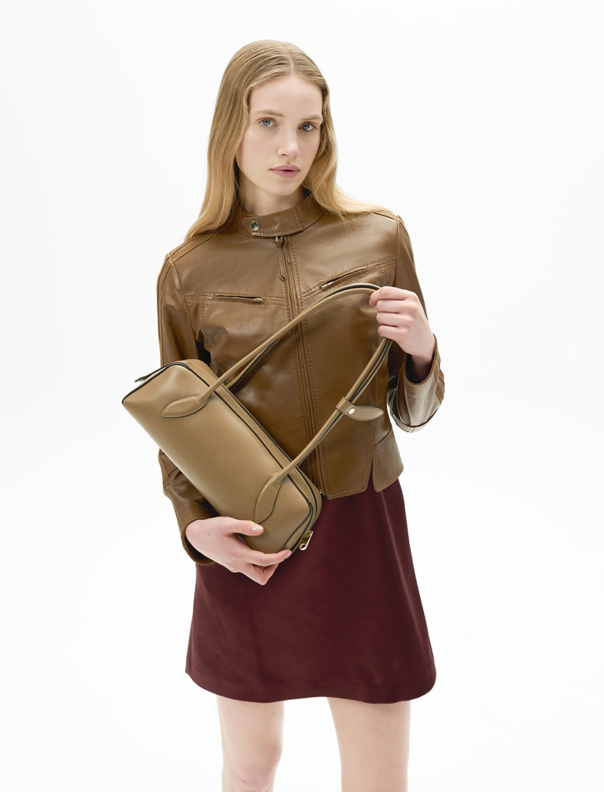 Kadın Taba Deri Biker Ceket Kadın Taba Deri Biker Ceket