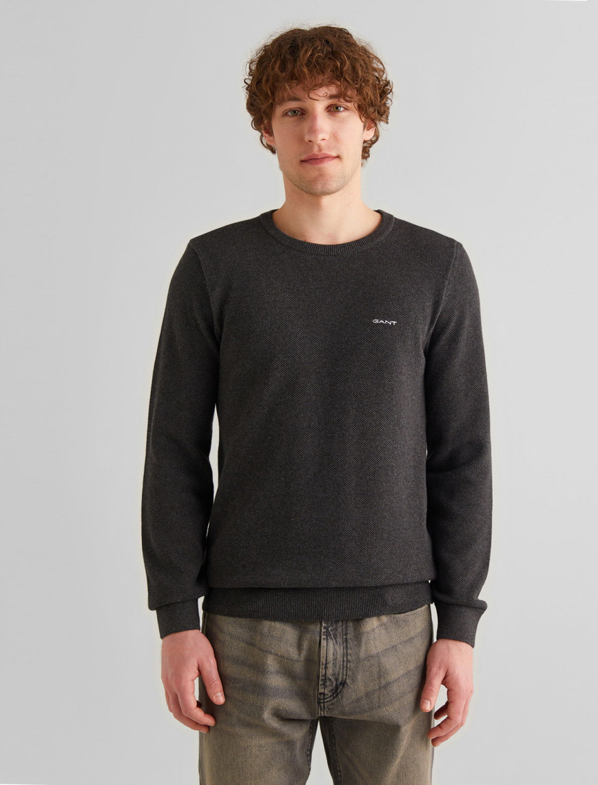 GANT Erkek Gri Regular Fit Bisiklet Yaka Kazak