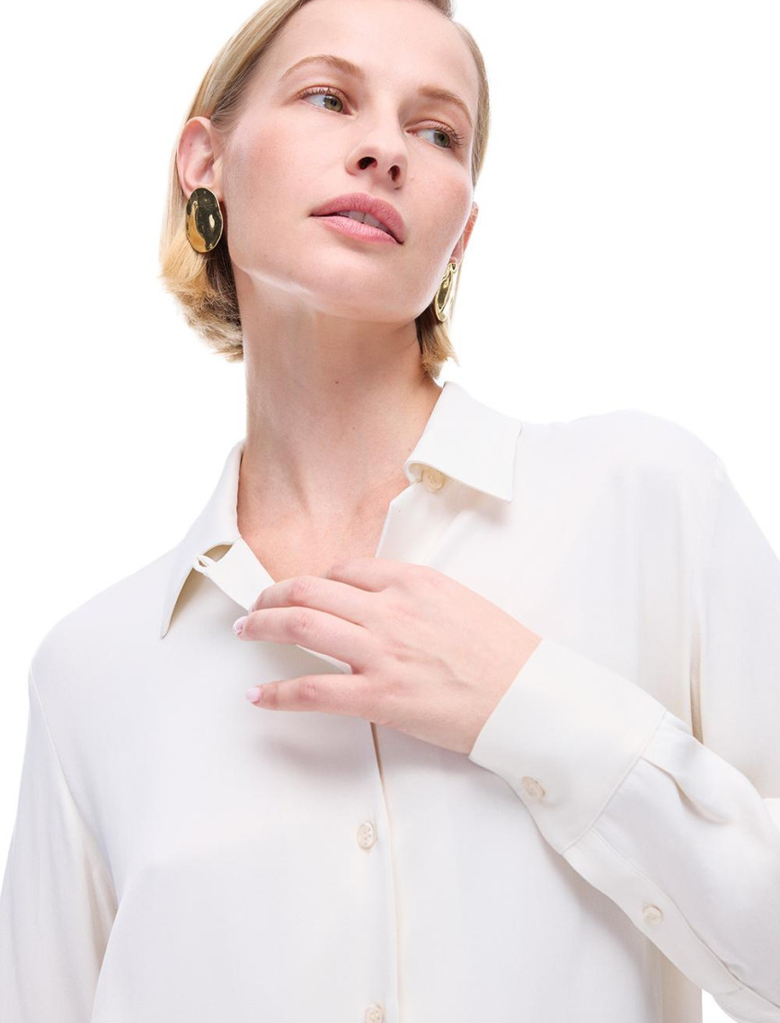 Safira Rahat Kalıp Standart Boy Takma Kol Gömlek Yaka Ekru Gömlek