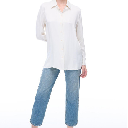 Safira Rahat Kalıp Standart Boy Takma Kol Gömlek Yaka Ekru Gömlek