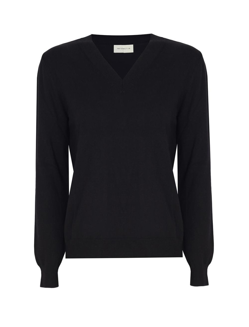 Triko Rahat Kalıp Standart Boy Takma Kol V-Yaka Siyah Kazak