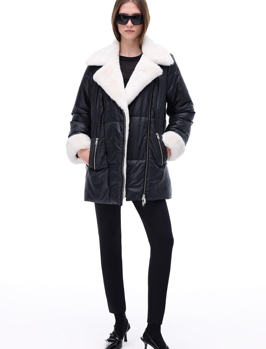 Awans Regular Fit Diz Üstü Takma Kol Gömlek Yaka Siyah Mont