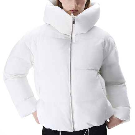 Awans Rahat Kalıp Kısa Boy Düşük Kollu Kapüşonlu Beyaz Mont