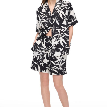 Siyah Beyaz Resort Rahat Kalıp Kısa Kol Gömlek